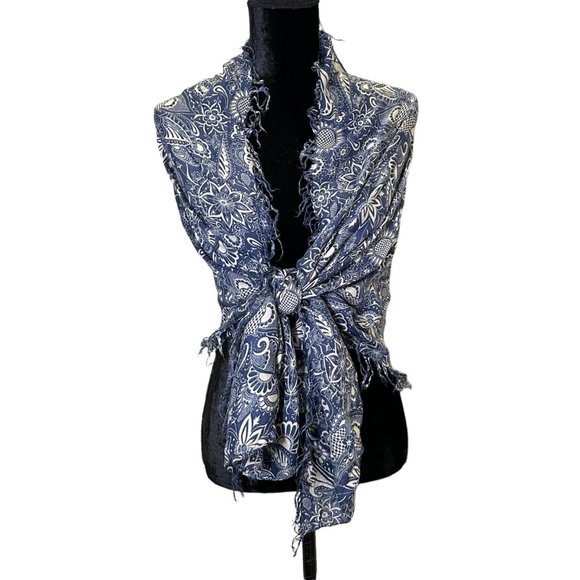 Unbranded Scarf Womens Long Rectangle Blue White Floral Wrap Lightweight Fringe - Picture 2 of 8